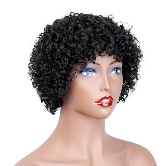 Fashion Wig Hair Set Short Curly Hair Real Human Hair Headgear